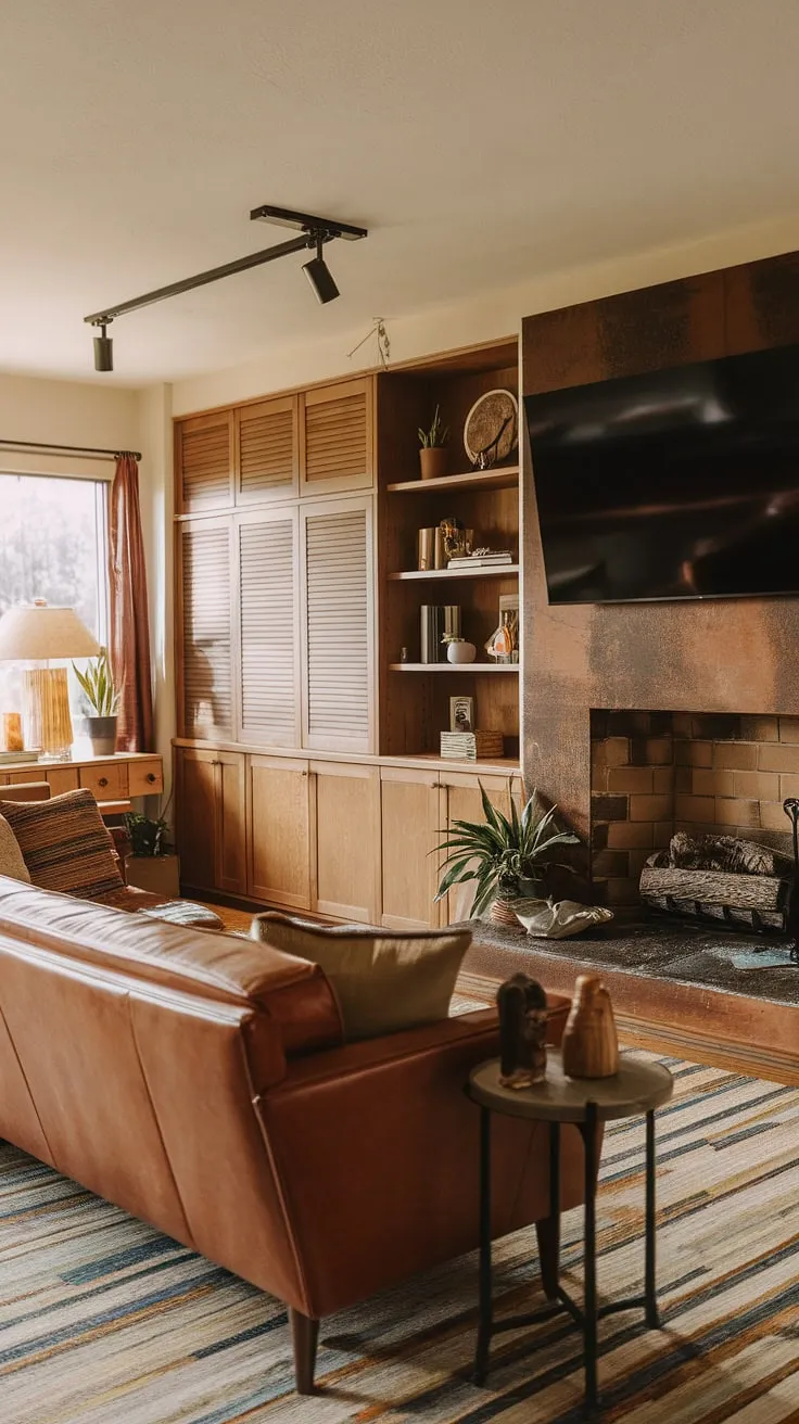 Mid-century modern living at its finest. The rich leather couch, warm wood tones, and rustic fireplace create a cozy atmosphere perfect for relaxing evenings and quality family time. A testament to timeless design and comfortable living.