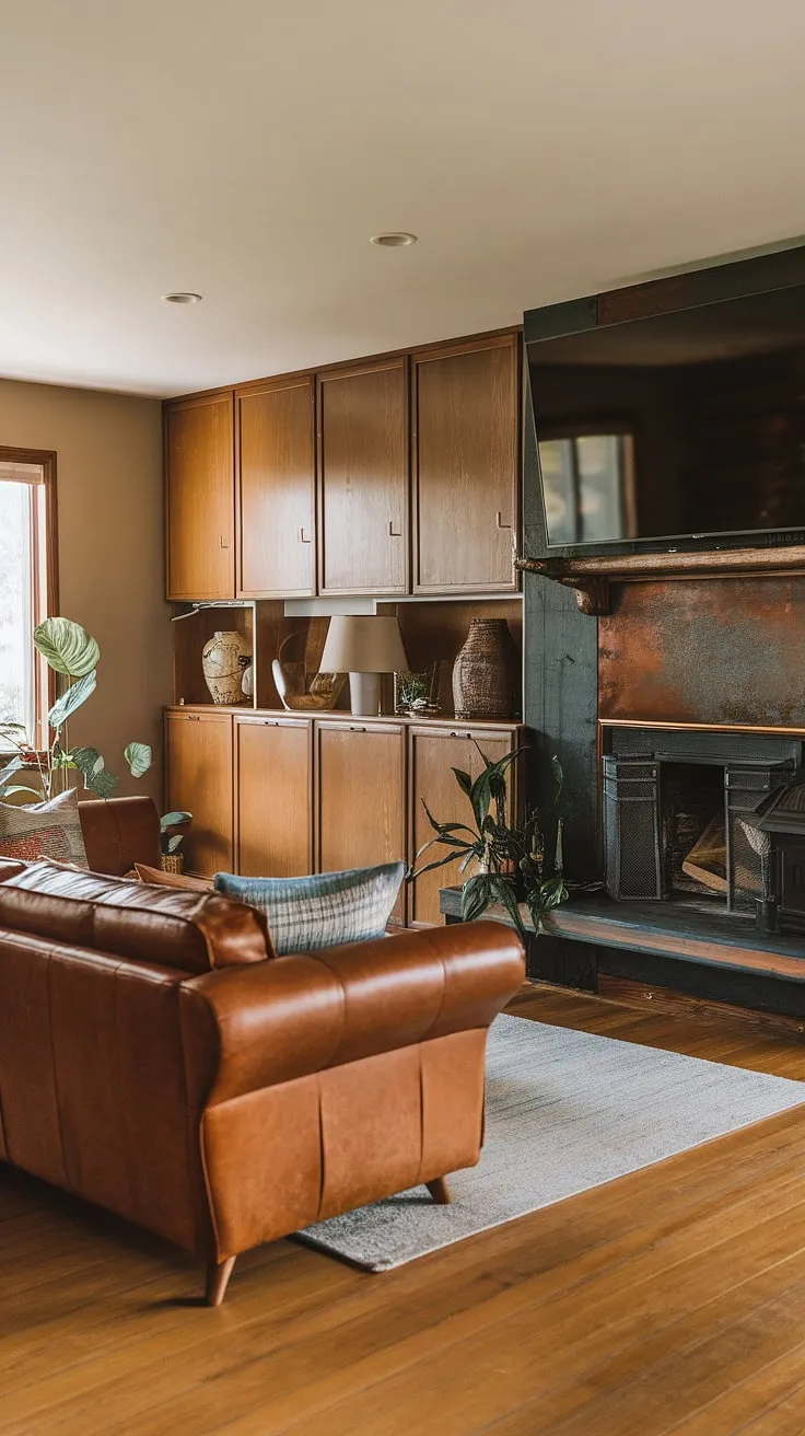 A. Mid-century modern living at its finest. This family room effortlessly combines the charm of a rustic fireplace with the sleek lines of built-in cabinetry and a comfortable leather couch, creating a sophisticated yet relaxed atmosphere. The thoughtful details, from the plants to the carefully chosen décor, complete the picture of refined comfort.