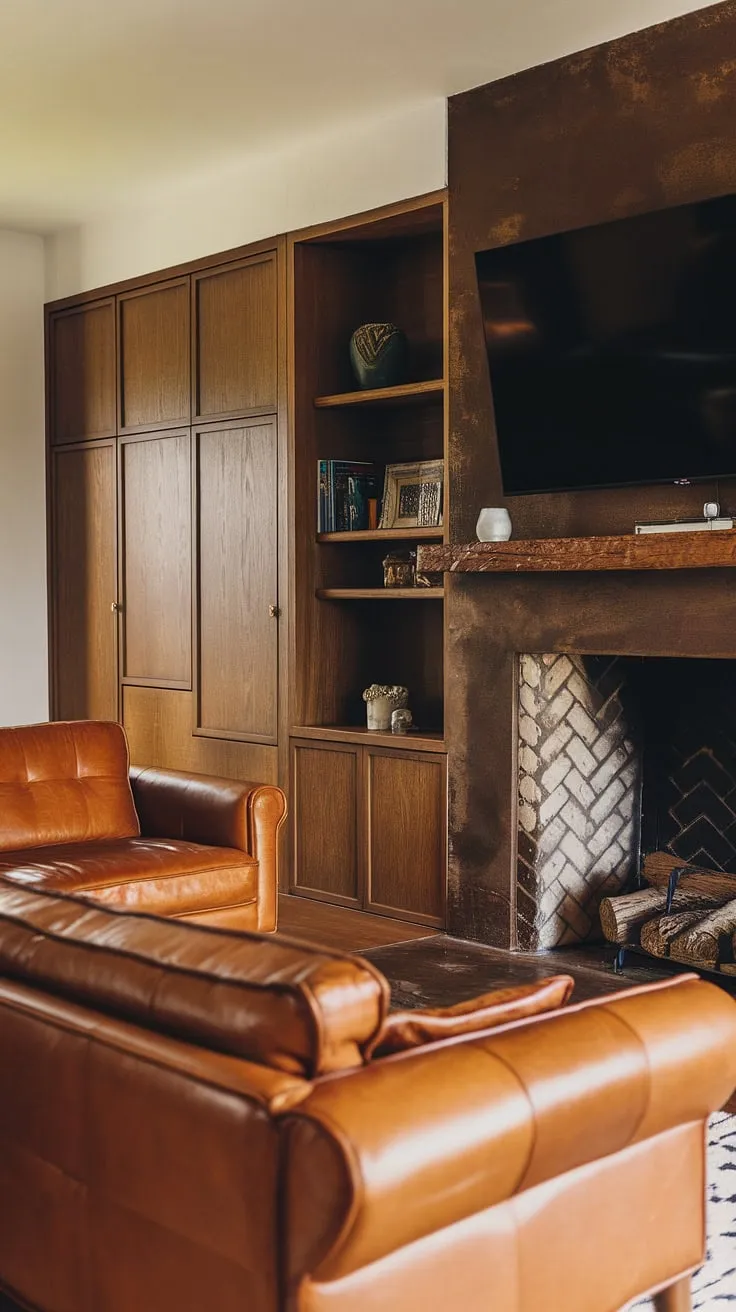 Warmth, comfort, and mid-century modern style seamlessly blend in this inviting living room. The rich leather couch beckons relaxation, while the built-in cabinetry offers both storage and a streamlined aesthetic. The rustic fireplace, complete with a mounted TV, adds a touch of unexpected texture and warmth, creating a space perfect for unwinding. A true testament to timeless design.