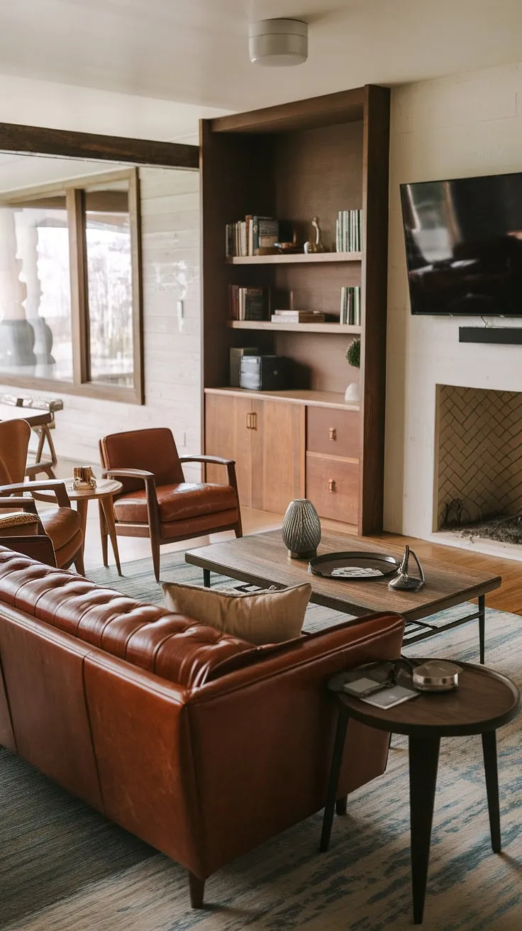 Warmth, comfort, and classic style converge in this mid-century modern living room. The rich leather sofa, complemented by the built-in cabinetry and rustic elements, creates a space that's both inviting and sophisticated. A perfect blend of vintage charm and contemporary living.