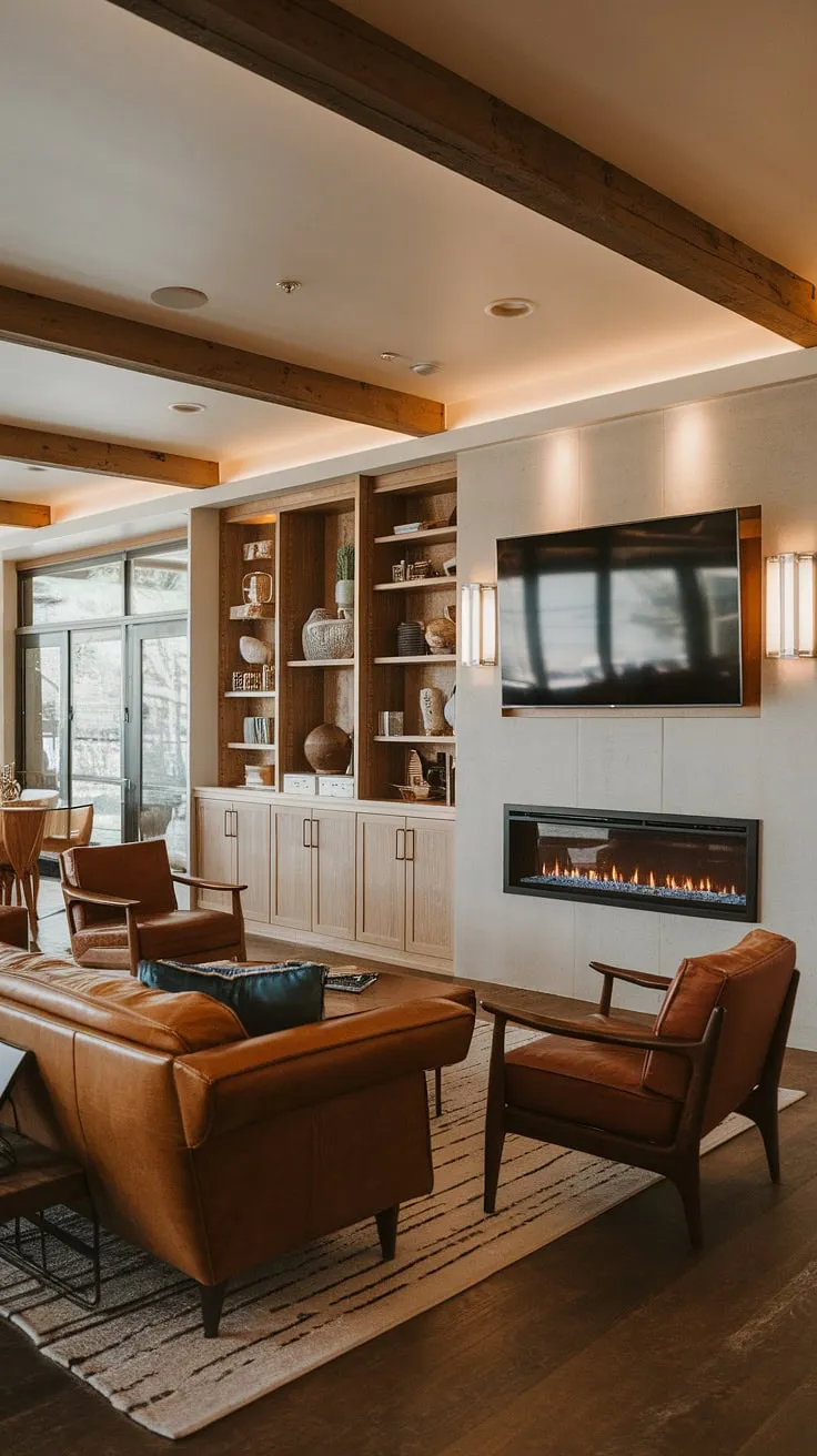 This mid-century modern living space effortlessly blends rustic elements with sleek lines. The rich leather furniture, warm wood tones, and thoughtfully designed fireplace create an inviting atmosphere-a sanctuary for relaxation and connection. A testament to timeless design.