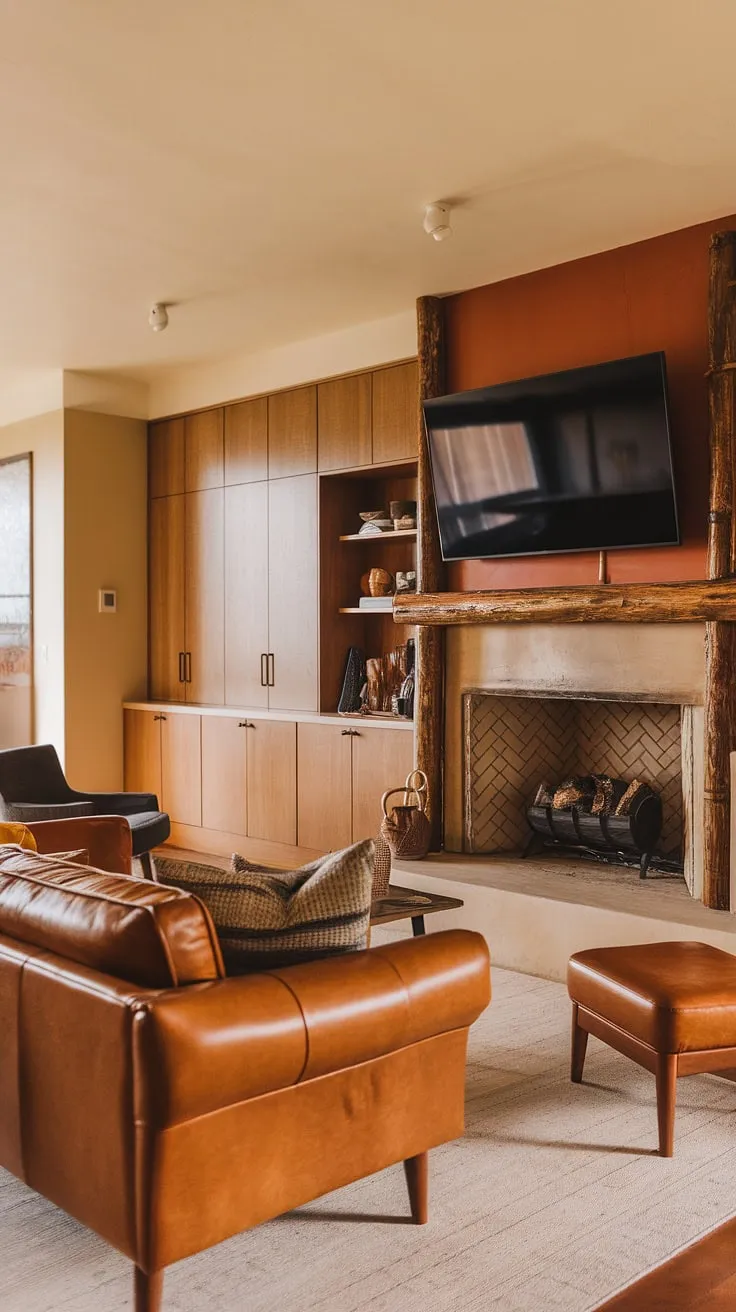 This mid-century modern living room is a masterclass in understated elegance. The rich leather couch invites you to sink in, while the built-in cabinets provide ample storage. The rustic fireplace, complete with its eye-catching wooden detail and conveniently placed TV, is the undeniable heart of this inviting space. A testament to timeless design.