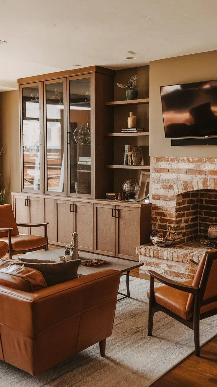 Warmth, comfort, and mid-century modern style seamlessly blend in this family room. The rustic fireplace, leather seating, and thoughtfully curated built-in cabinet create a space that's both inviting and sophisticated. A perfect example of how to effortlessly combine textures and eras for a truly unique home.