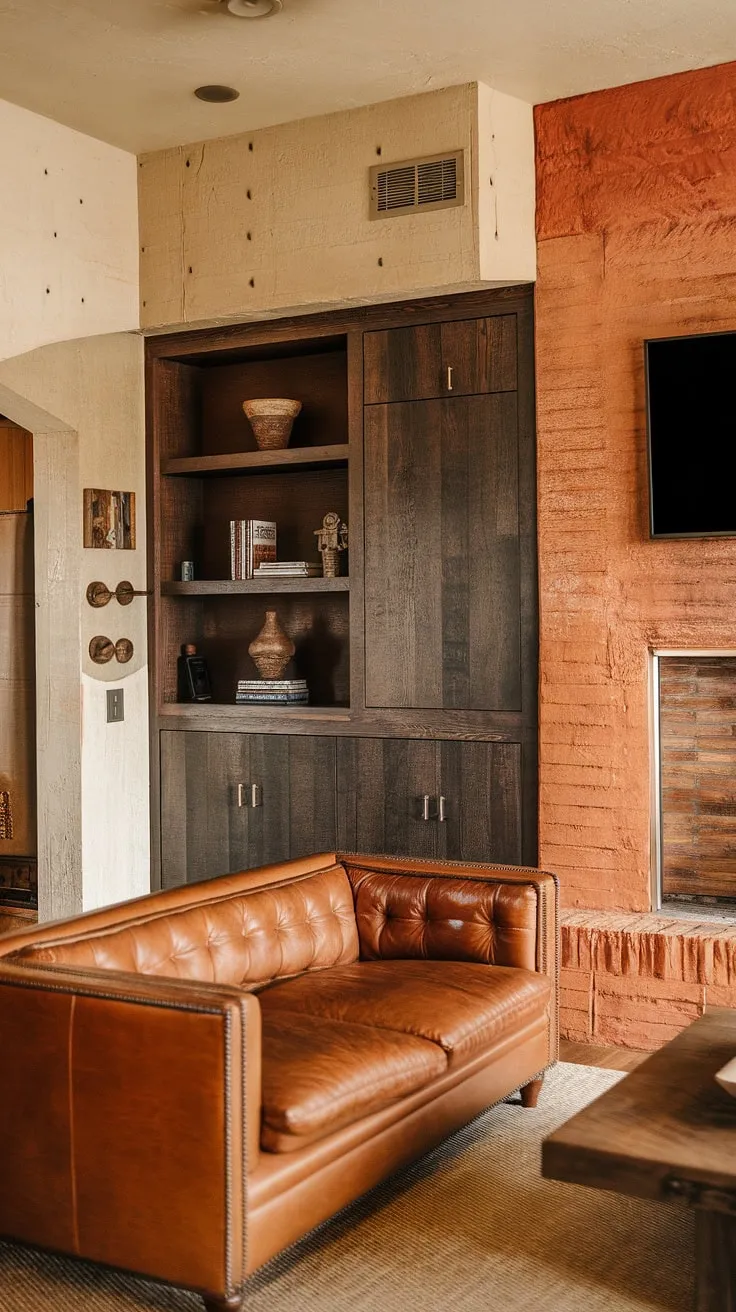 This mid-century haven is a testament to enduring design. The textured orange brick fireplace, dark wood built-ins, and plush leather couch create a cozy atmosphere perfect for family gatherings. Every detail, from the warm color palette to the carefully chosen accessories, speaks to a love of quality and craftsmanship.