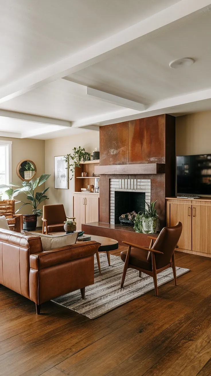 This family room effortlessly blends the classic lines of mid-century modern design with a touch of rustic charm. The built-in cabinetry above the fireplace, the carefully curated décor, and the plush leather sofa all contribute to a sophisticated yet comfortable atmosphere. A space where memories are made and cherished. A true reflection of refined living.