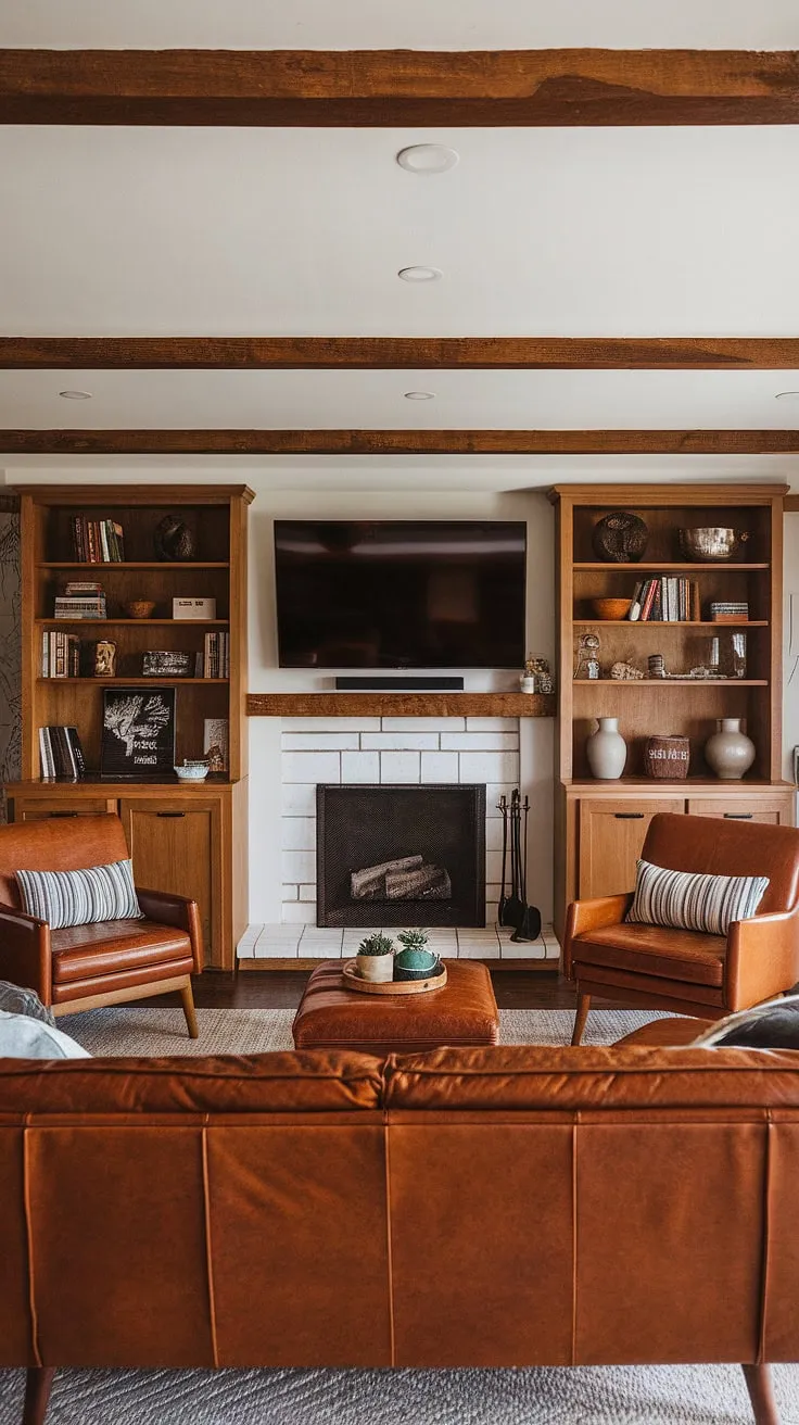 A classic mid-century modern living room, perfectly balanced between rustic charm and sleek design. The fireplace is the undeniable focal point, flanked by practical built-in storage and comfortable seating. A space designed for conversation, relaxation, and creating lasting memories.
