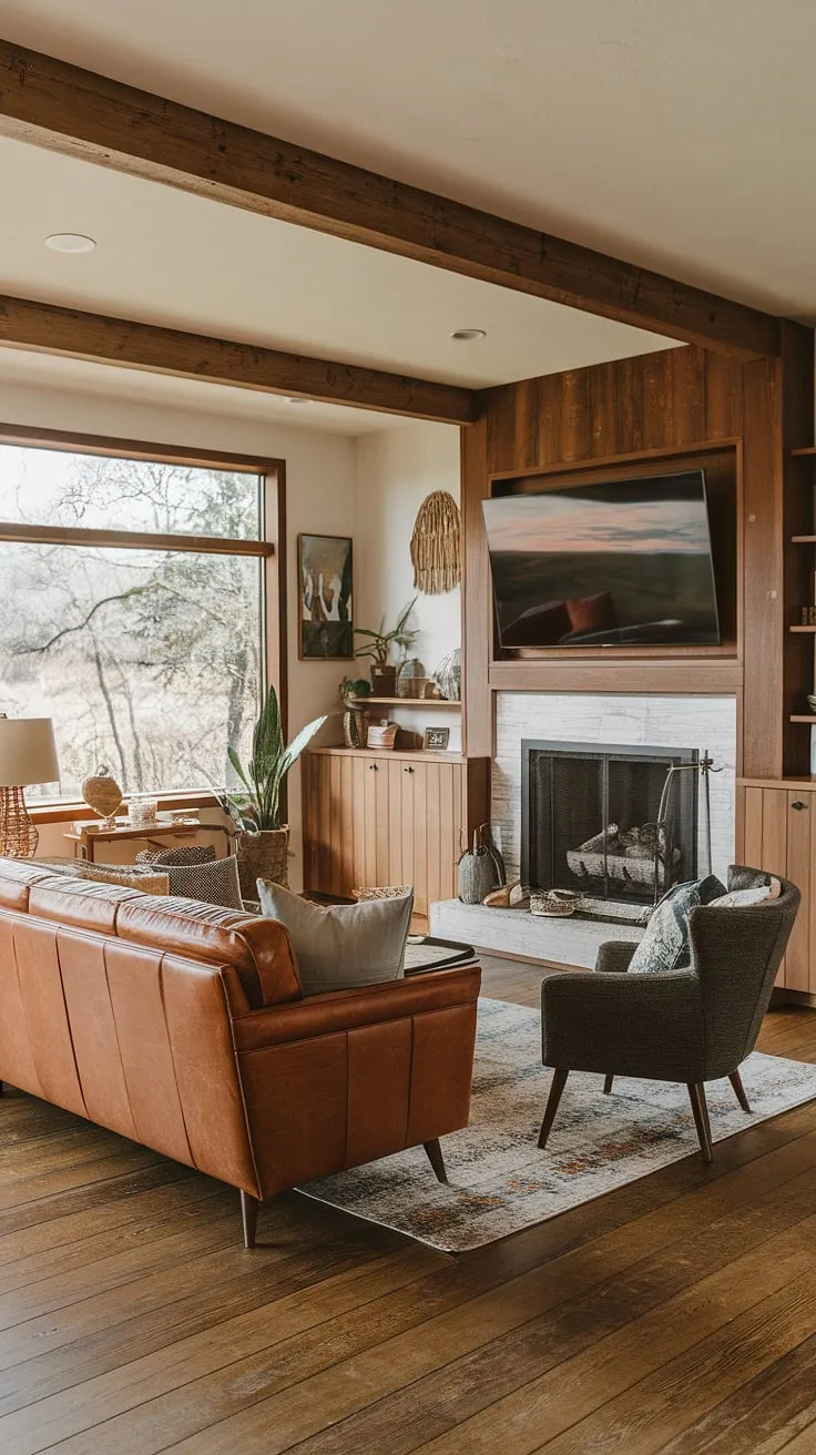 Warmth, comfort, and mid-century modern style seamlessly blend in this family room. The rich leather couch invites relaxation, while the built-in cabinetry and fireplace add a touch of sophisticated functionality. A large window offers breathtaking views of nature, completing this idyllic space. A perfect retreat.