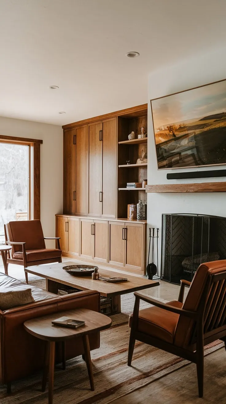 This mid-century modern living room effortlessly combines rustic charm with contemporary convenience. The leather sofa and armchairs invite relaxation, while the built-in storage offers both functionality and a clean aesthetic. The large landscape painting above the fireplace adds a touch of artistic flair, creating a space that is both stylish and incredibly comfortable. A true testament to timeless design.