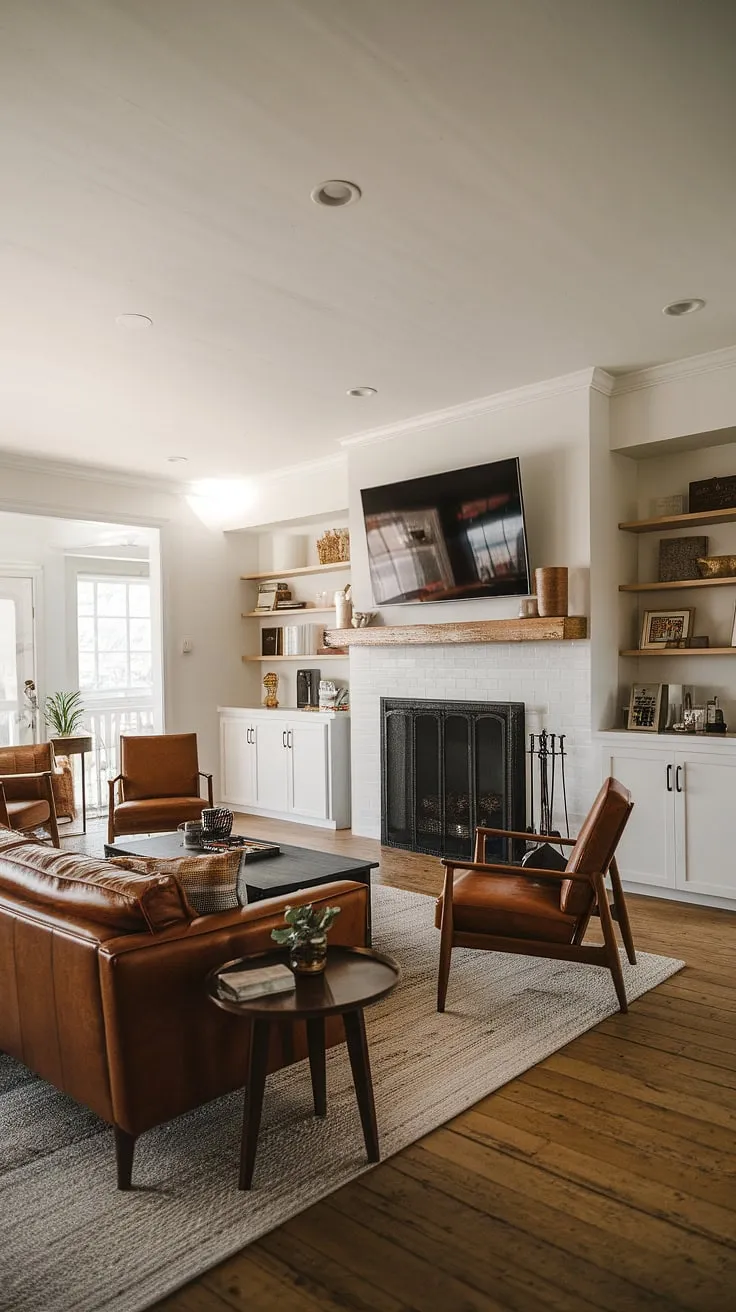Warmth and style collide in this mid-century modern living room, where rustic charm meets sleek design. The built-in cabinetry adds a touch of practicality, while the leather sofa and comfortable chairs invite relaxation by the fireplace, a perfect spot for movie nights. A curated collection of cherished items displayed within the cabinet adds a personal touch to this inviting space.