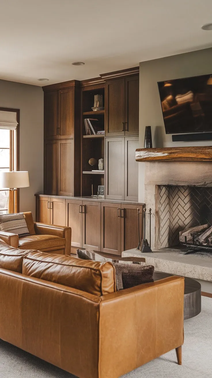 This mid-century modern family room seamlessly blends rustic charm with sleek lines, creating a space that's both a comfortable and incredibly stylish. The built-in cabinets and stone fireplace add a touch of timeless elegance.