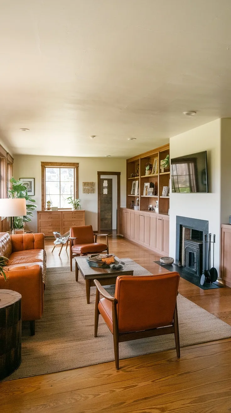 Warmth, comfort, and mid-century modern style seamlessly blend in this family room. The rustic elements, like the rich leather sofa and built-in cabinetry, add a touch of timeless charm, creating a space perfect for relaxation and connection. A crackling fireplace and the soft glow of the lamp complete the inviting atmosphere.