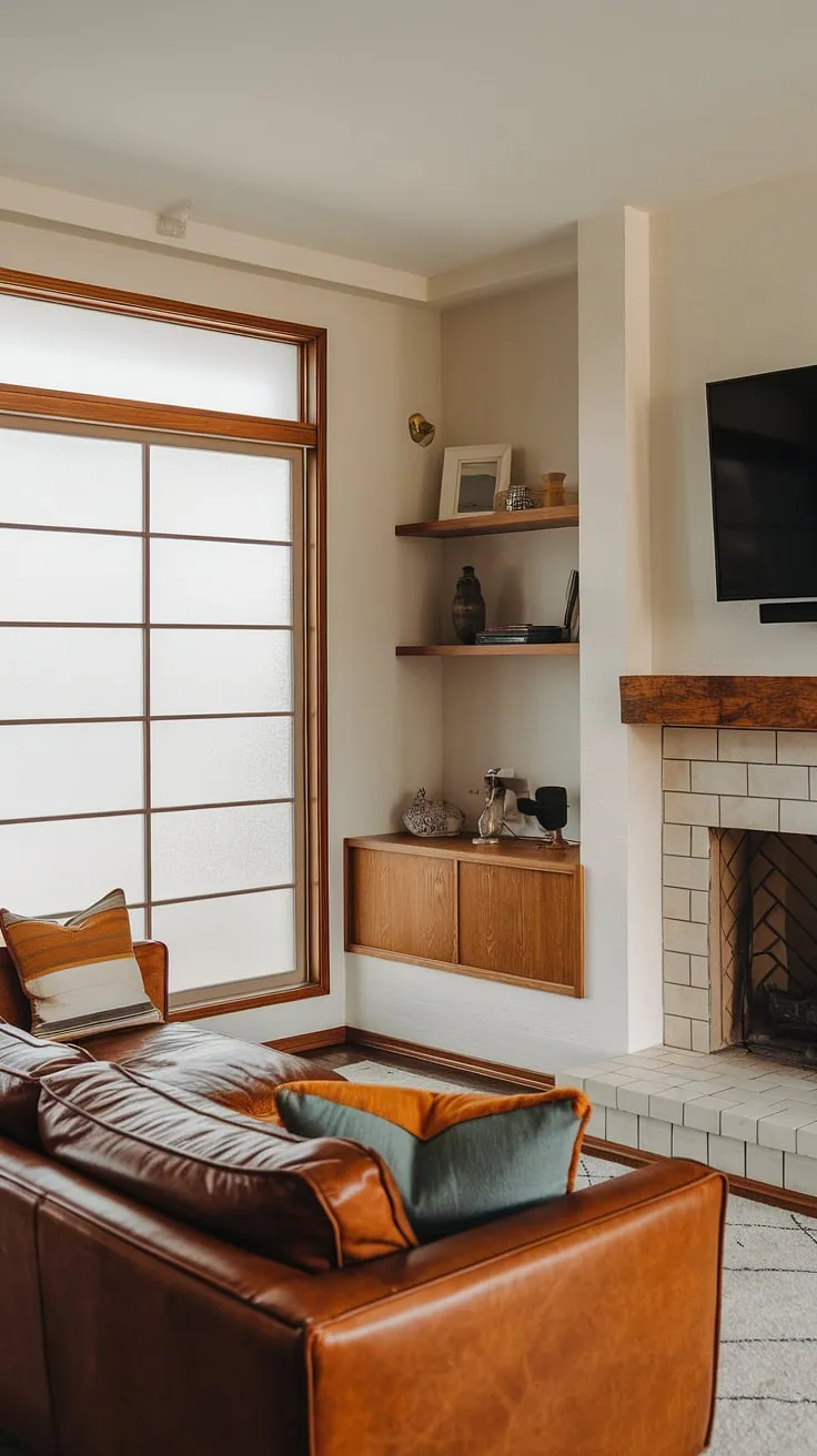Mid-century modern living at its finest. The warm glow of the fireplace, the rich leather of the couch, and the thoughtfully curated details create a space that's both stylish and inviting. A perfect blend of classic design and comfortable living. The frosted glass panels of the large window add a touch of privacy while still allowing ample natural light to flood the room. A truly timeless atmosphere.