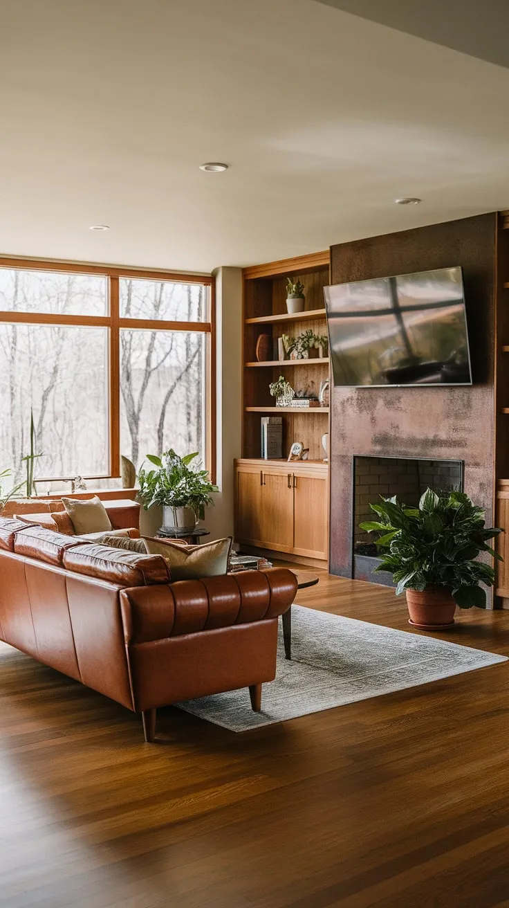 Warmth, wood, and a touch of mid-century magic. This family room seamlessly blends rustic charm with modern comfort, creating a space where memories are made and relaxation reigns supreme. The built-in cabinetry provides ample storage, while the large window offers a breathtaking view of nature, a perfect setting for quiet evenings and lively gatherings alike. A testament to timeless design.
