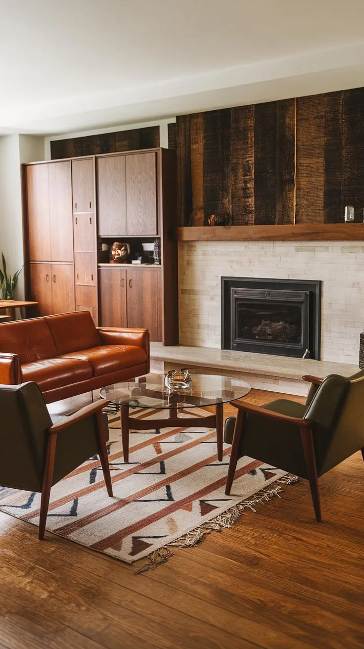 The warmth of the wood-paneled fireplace, the cool gleam of the glass coffee table, and the rich patina of the leather sofa create a perfectly balanced mid-century modern haven. A timeless elegance pervades this family room, a testament to enduring design and comfortable living. A space where memories are made and stories unfold.