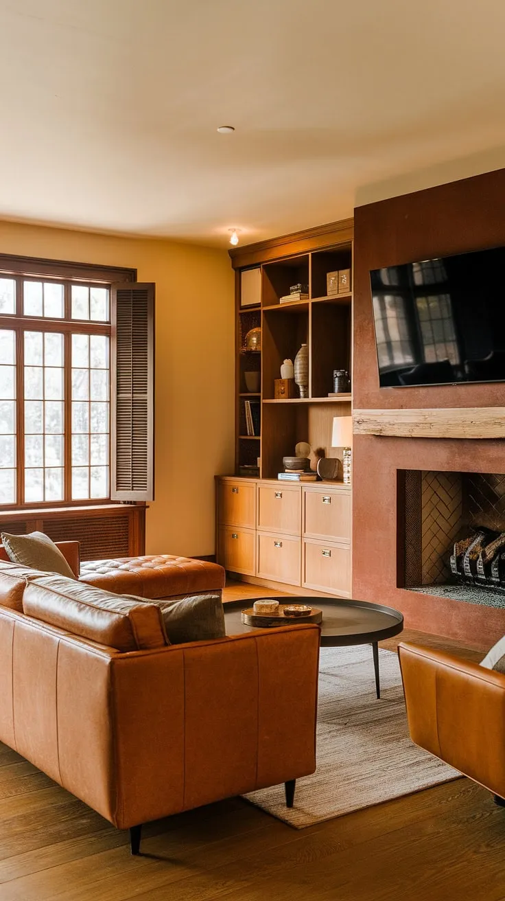 Warmth, wood, and a touch of mid-century magic. This family room, with its rich leather seating and built-in cabinetry, is the perfect blend of rustic charm and modern comfort. The fireplace, a focal point of the room, adds a cozy ambiance, perfectly complemented by the large window and wooden shutters. A timeless design for generations to enjoy.