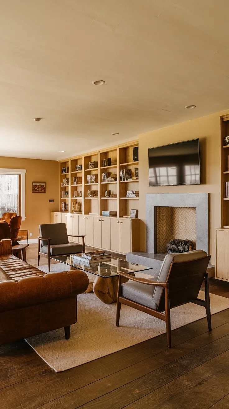 This mid-century modern living room effortlessly blends rustic warmth with sleek lines. The leather seating invites you to sink in, while the built-in cabinetry offers ample storage and display space for cherished books and decorative objects. The focal point, a stunning mid-century fireplace with a TV mounted above, anchors the room, creating a space that is both stylish and incredibly comfortable. A testament to timeless design.