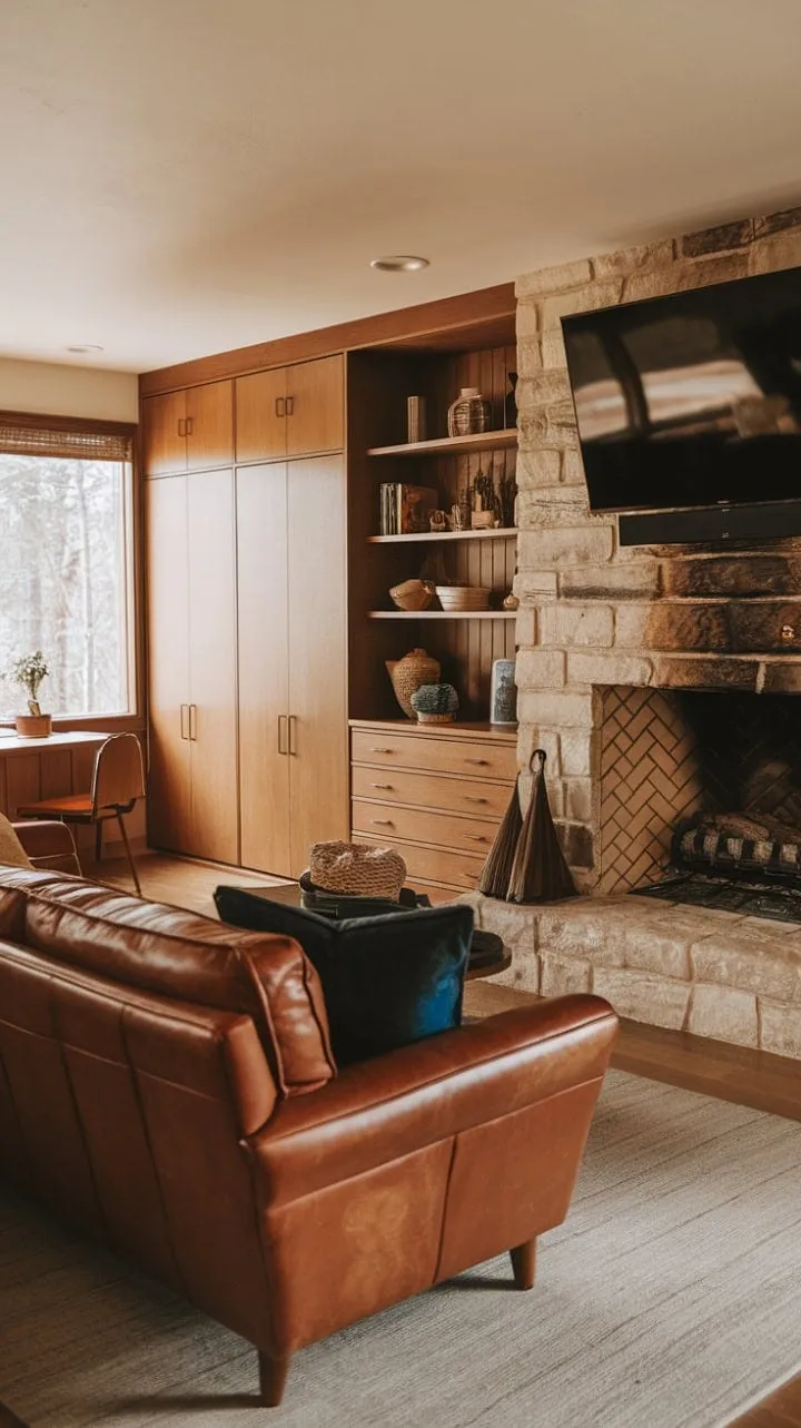 This mid-century modern sanctuary seamlessly fuses stylish leather seating, artisanal built-ins, and a cozy fireplace, embodying the perfect harmony of timeless craftsmanship and modern comfort.