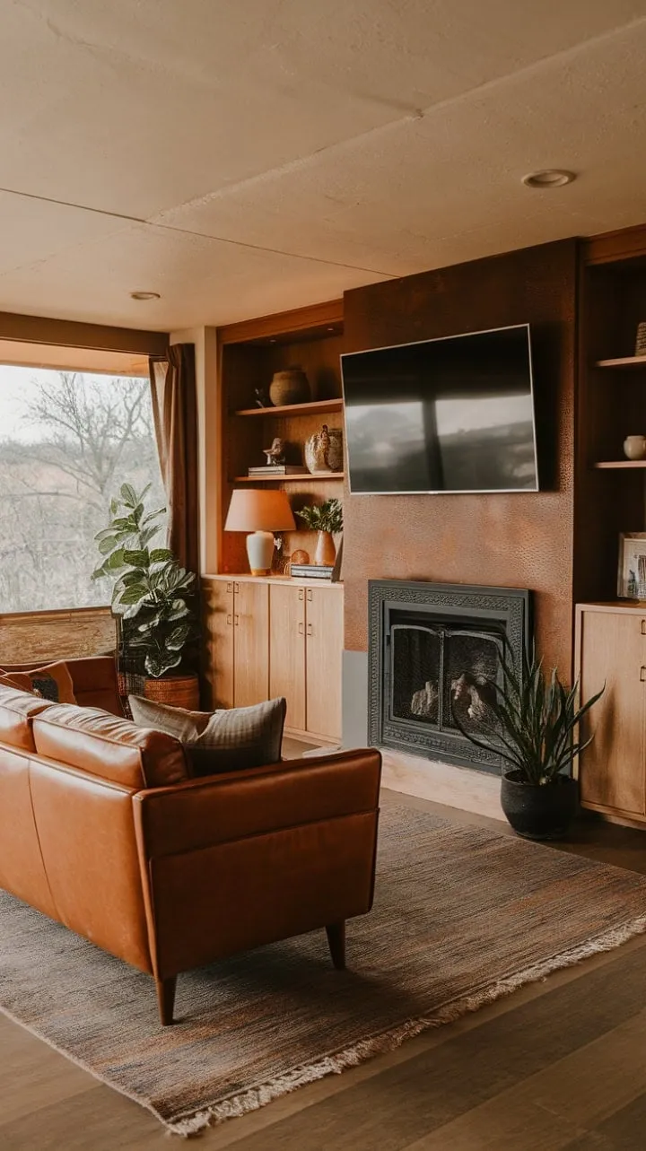 This mid-century modern retreat harmoniously combines rustic charm and contemporary comfort, featuring a cozy leather couch, striking fireplace, and a large window that beautifully frames the surrounding nature.