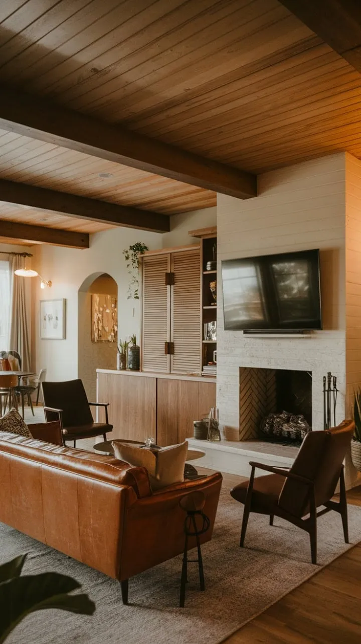 In this thoughtfully designed living room, the fireplace's warm glow dances on the leather couch, harmonizing mid-century modern elegance with rustic charm for a serene retreat.