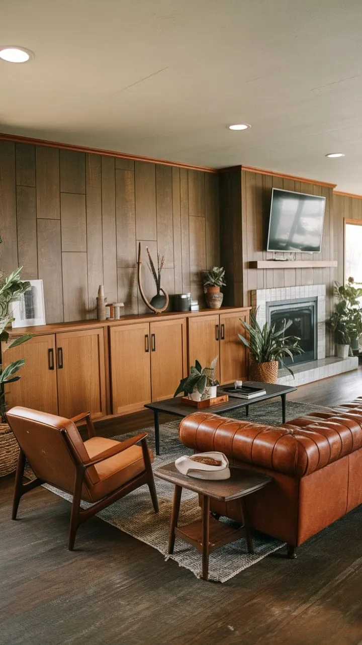 This family room masterfully blends mid-century modern style with rustic charm, featuring a captivating mix of textures and practical built-ins that invite cozy gatherings around the fireplace and TV.