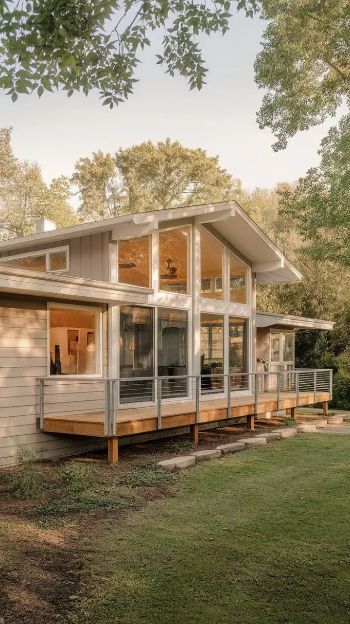 This mid-century modern farmhouse harmoniously fuses architectural elegance with nature, featuring large windows and a serene wooden deck for the ultimate in relaxed sophistication.
