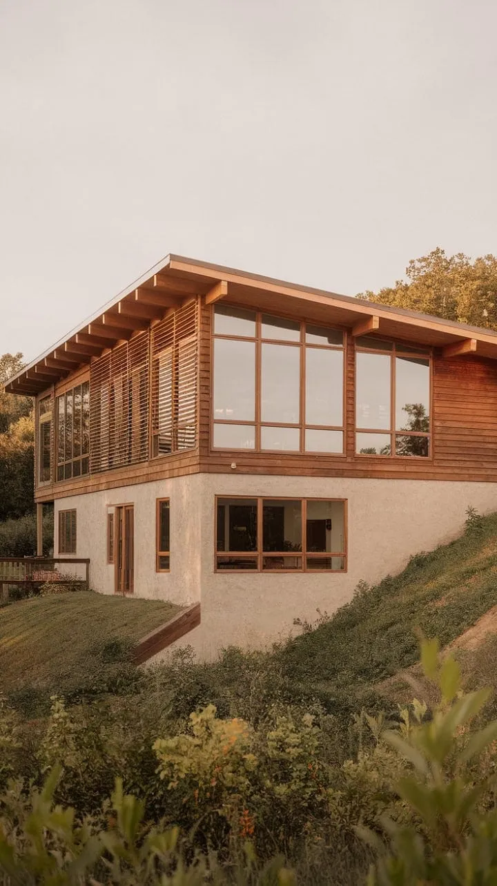 This enchanting two-story farmhouse harmoniously marries mid-century modern design with rustic allure, offering breathtaking views and a serene escape bathed in the warm glow of sunset.