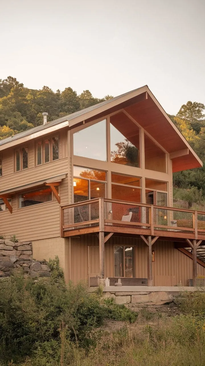 Nestled on a hillside, this mid-century modern farmhouse harmoniously blends architectural elegance with nature, offering stunning views and a warm, inviting atmosphere perfect for serene moments.