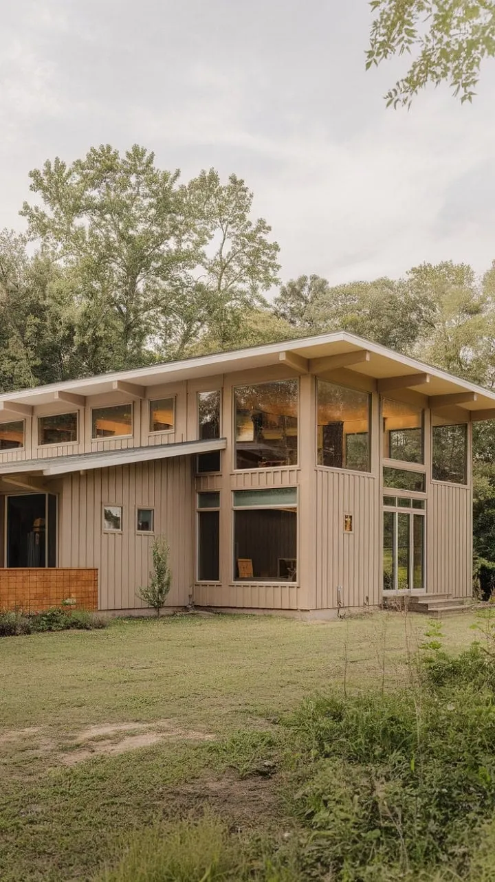 This mid-century modern farmhouse, with its expansive windows and warm wood tones, creates a serene sanctuary that seamlessly merges indoor and outdoor living in timeless elegance.