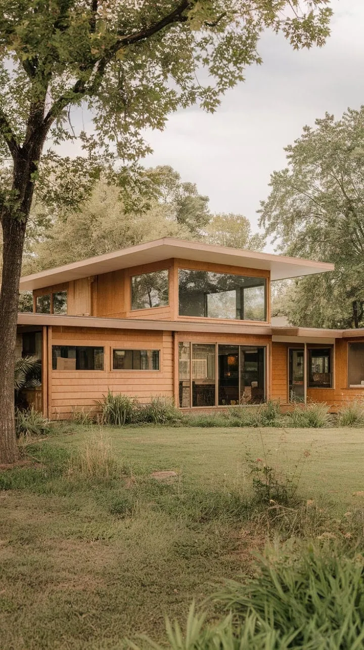 This mid-century modern farmhouse masterfully blends boxy design with rich textures and lush greenery, creating a serene sanctuary that harmonizes architecture and nature.