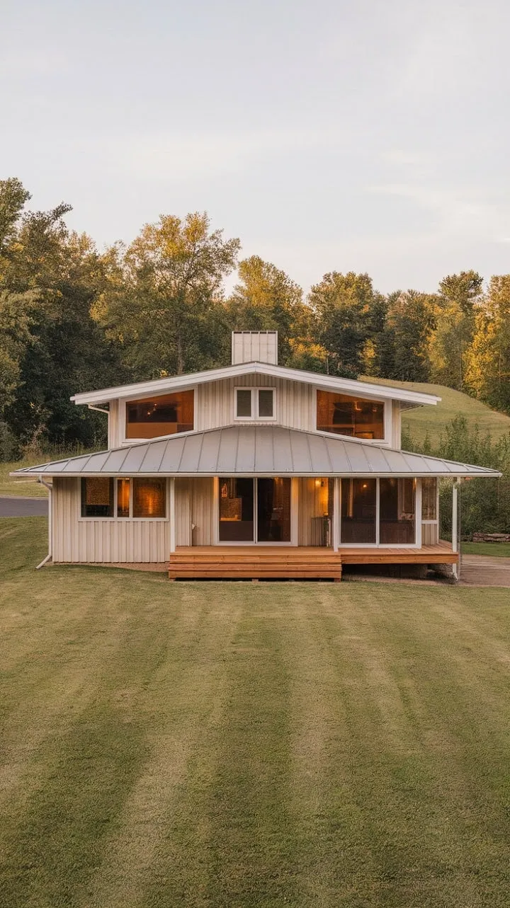 This stunning two-story farmhouse harmoniously fuses classic charm with modern elegance, set against a tranquil backdrop of light beige wood and lush greenery.