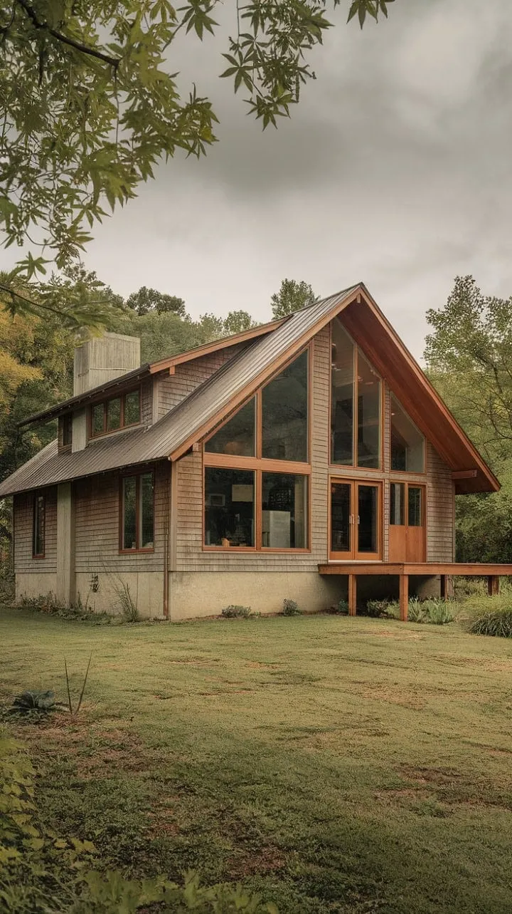 This wood-clad farmhouse beautifully blends mid-century modern aesthetics with rustic charm, featuring expansive windows and a steeply pitched roof that frame stunning landscape views from a serene deck.