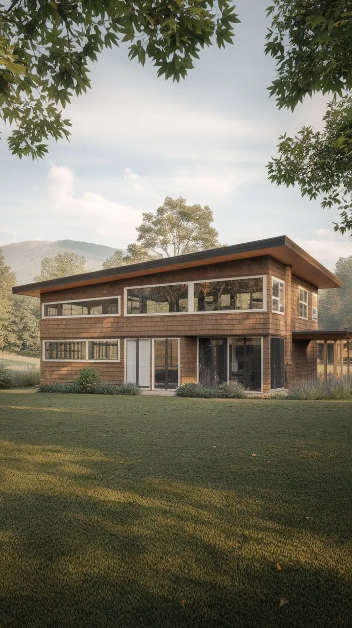 Nestled in lush greenery and majestic mountains, this mid-century modern farmhouse embodies timeless design and serene elegance, harmoniously blending with its breathtaking surroundings.