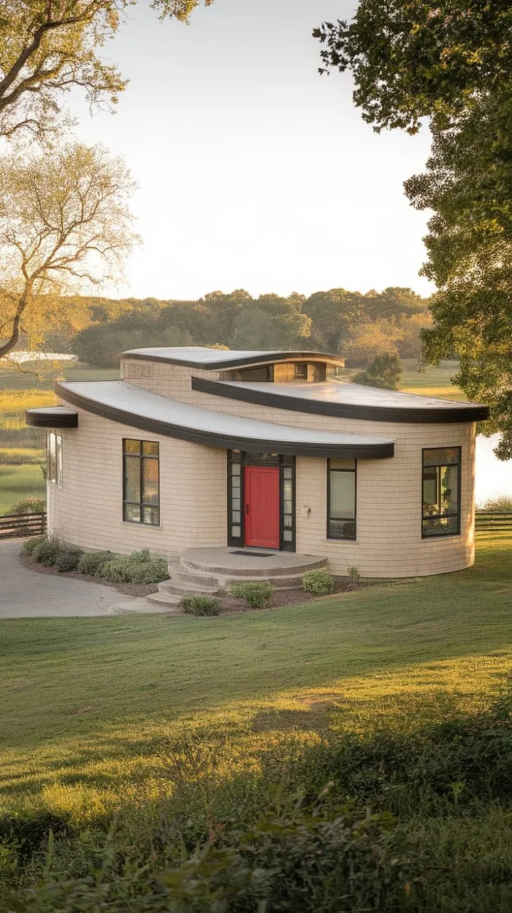 This architectural gem blends mid-century modern elegance with farmhouse charm, featuring striking curved lines and a vibrant red door that harmoniously stand out against a tranquil backdrop.