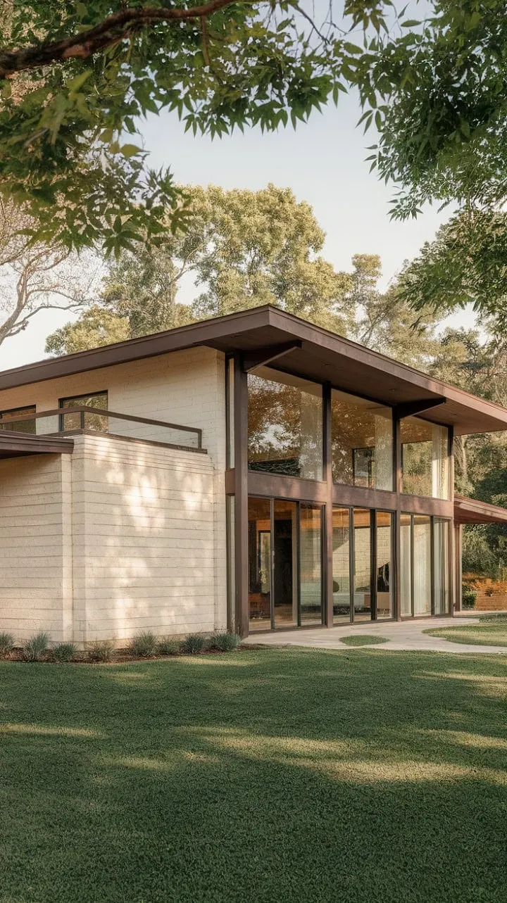 This two-story farmhouse beautifully blends mid-century modern design with rural charm, featuring expansive windows that frame serene views of nature and create a tranquil atmosphere.