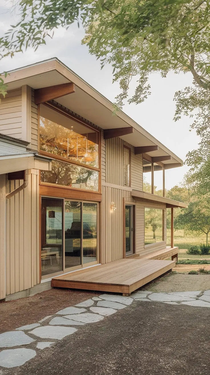 This mid-century modern farmhouse, bathed in the warm glow of the setting sun, seamlessly blends rustic charm with contemporary elegance. The expansive windows and sliding doors invite the tranquil landscape inside, creating a harmonious living space where indoor and outdoor living flow effortlessly. A perfect example of architectural synergy.