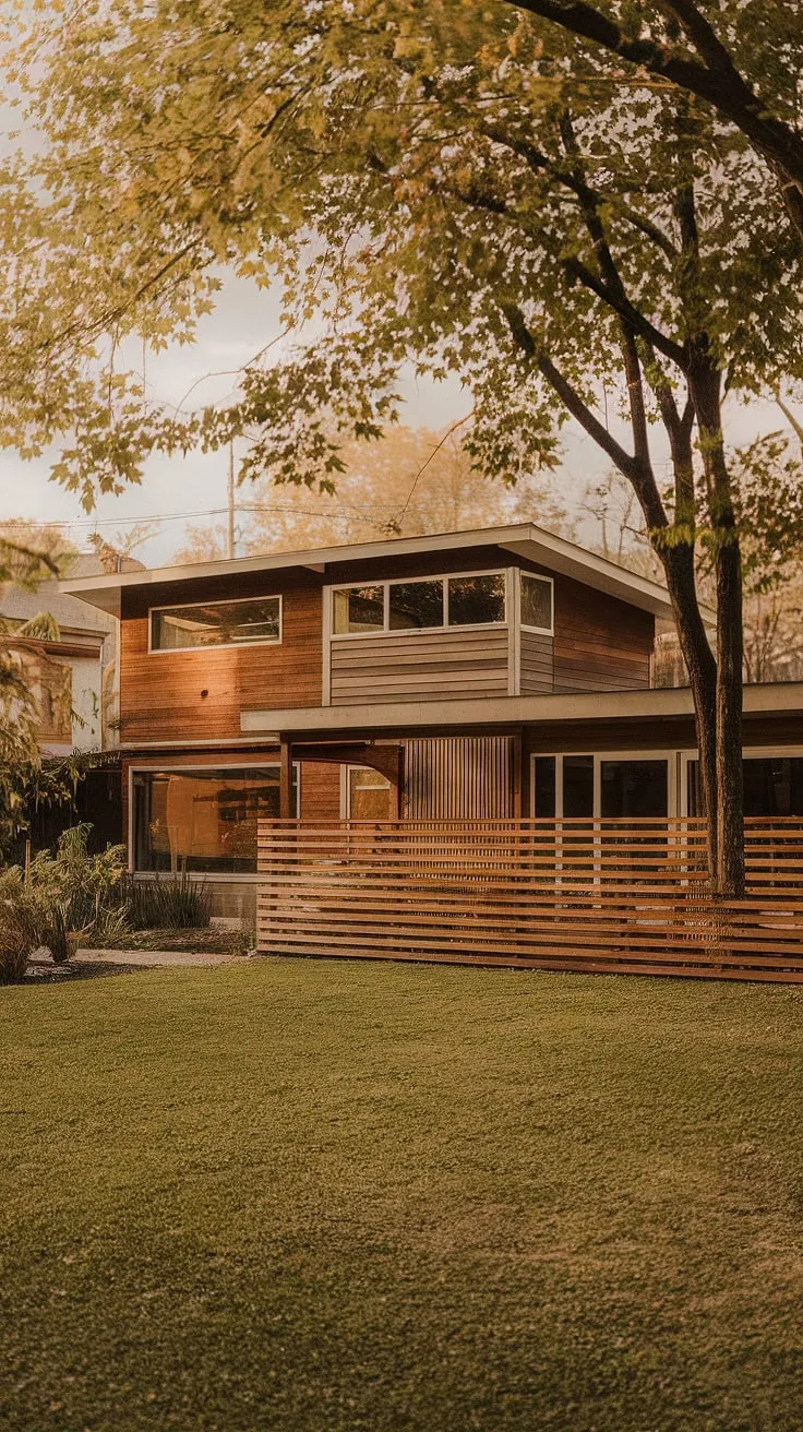 This two-story farmhouse, bathed in the golden light of sunset, embodies the charm of mid-century modern design. The rich wood tones of the house and fence are beautifully contrasted by the vibrant green garden. A peaceful retreat, perfectly blending nature and architectural elegance.