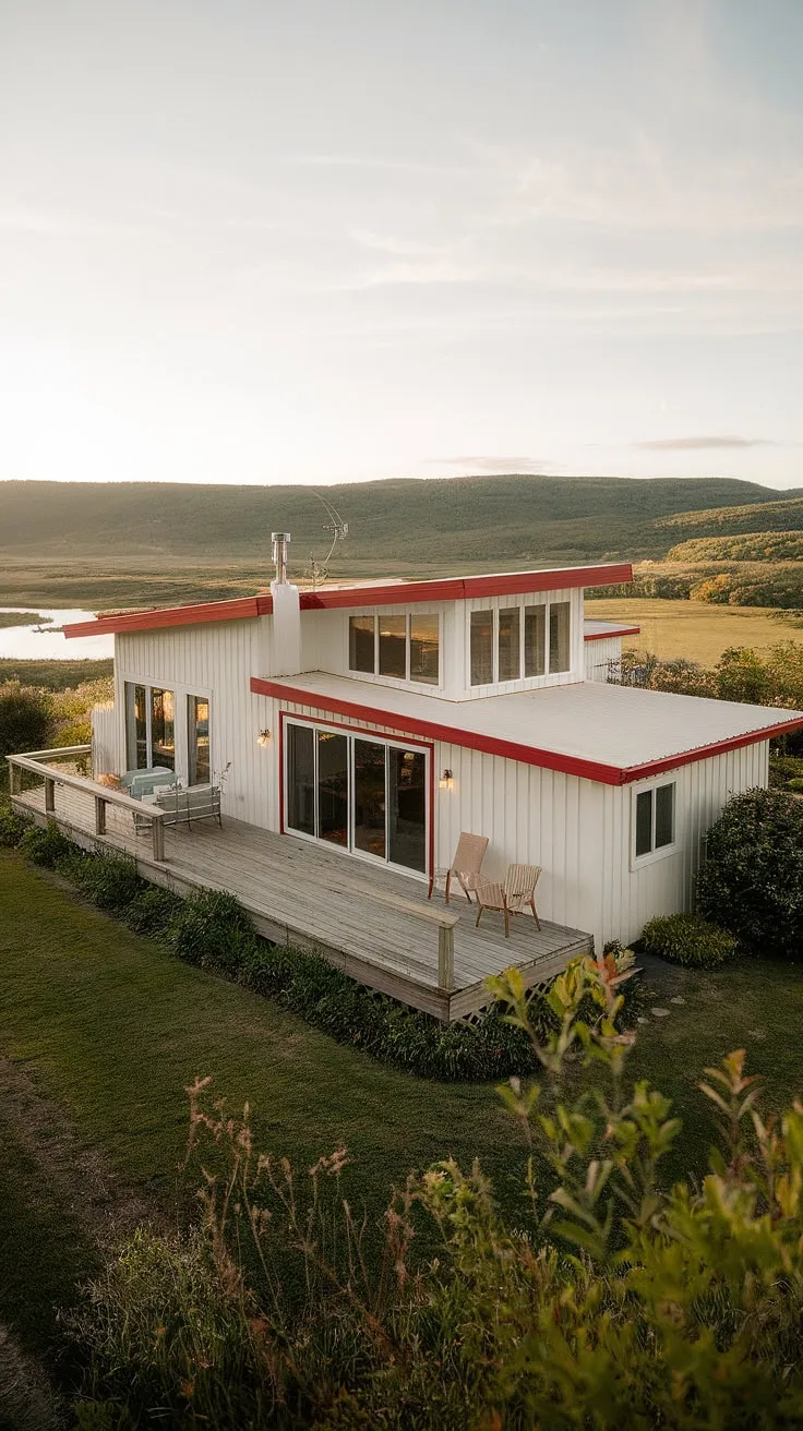 Nestled amongst lush greenery, this two-story farmhouse embodies the charm of mid-century modern architecture. A spacious deck provides the perfect vantage point to admire the stunning scenery: rolling hills meet a calm body of water, creating a picturesque backdrop for unforgettable moments. A true sanctuary.