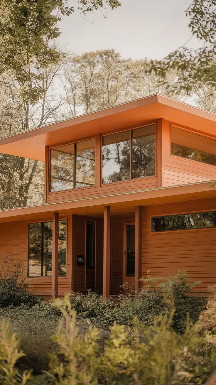 Bathed in the warm glow of the setting sun, this mid-century modern farmhouse stands as a testament to timeless design. The rich, orange-toned wood and expansive windows invite you in, promising a sanctuary of comfort and style, nestled amongst the vibrant greenery. Its clean lines and architectural details speak to a bygone era of elegance, yet feel effortlessly contemporary. A true masterpiece of form and function.