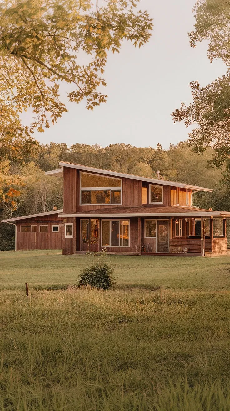 Nestled amongst the trees, this two-story farmhouse embodies mid-century modern charm. A picture of serenity, the warm wood exterior and sprawling green surroundings create a haven of peace and tranquility. A perfect blend of rustic charm and sleek design.