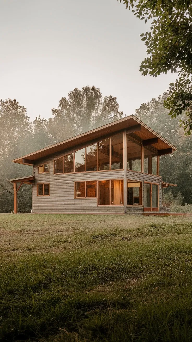 A picturesque escape. This two-story mid-century modern farmhouse, nestled amongst the trees, offers a tranquil retreat. Its wooden exterior and thoughtful design create a home that feels both inviting and effortlessly stylish. A true sanctuary.