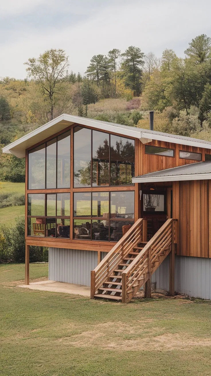 This mid-century modern farmhouse, nestled amongst lush greenery, seamlessly blends rustic charm with contemporary design. The expansive windows and wooden staircase invite you inside to discover the warmth and character within. A testament to timeless architecture, it's a home that whispers stories of generations past and promises comfort for generations to come. A true sanctuary.