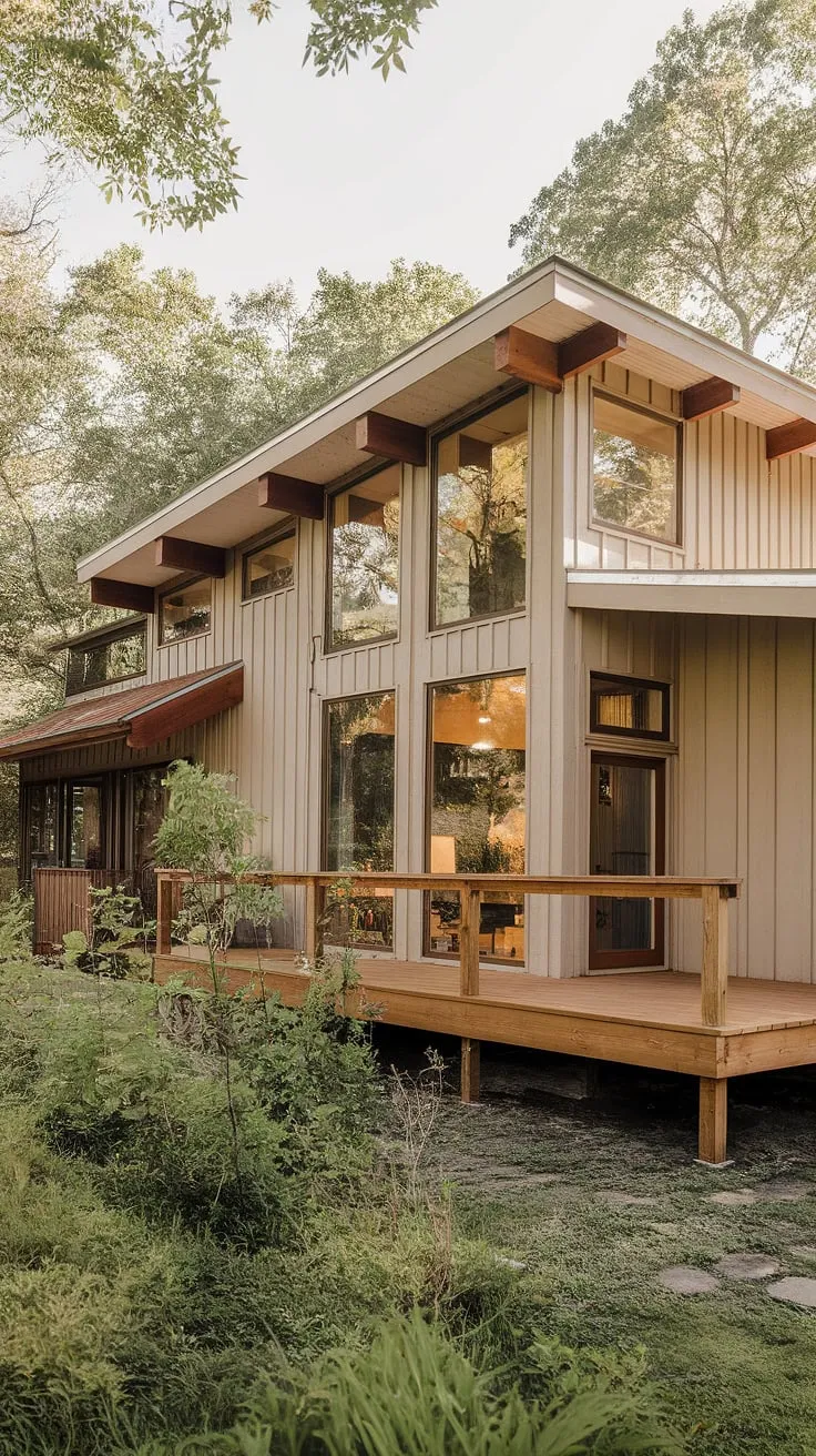 Nestled amongst vibrant greenery, this two-story farmhouse exudes a sense of peaceful serenity. Its beige wood exterior and sloping roofline create a classic silhouette, while the large windows promise an abundance of natural light. A perfect example of how architectural elegance can coexist with the beauty of nature.