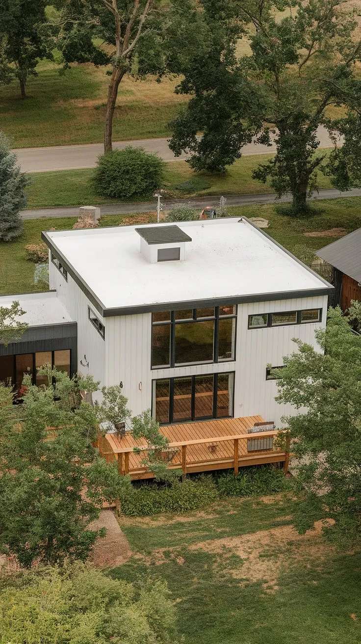 This mid-century modern farmhouse, with its crisp white exterior and striking black accents, perfectly blends classic charm with contemporary style. The expansive windows and spacious deck offer seamless indoor-outdoor living, creating a tranquil retreat nestled amongst the trees. A testament to timeless design, it's a home that effortlessly balances form and function.