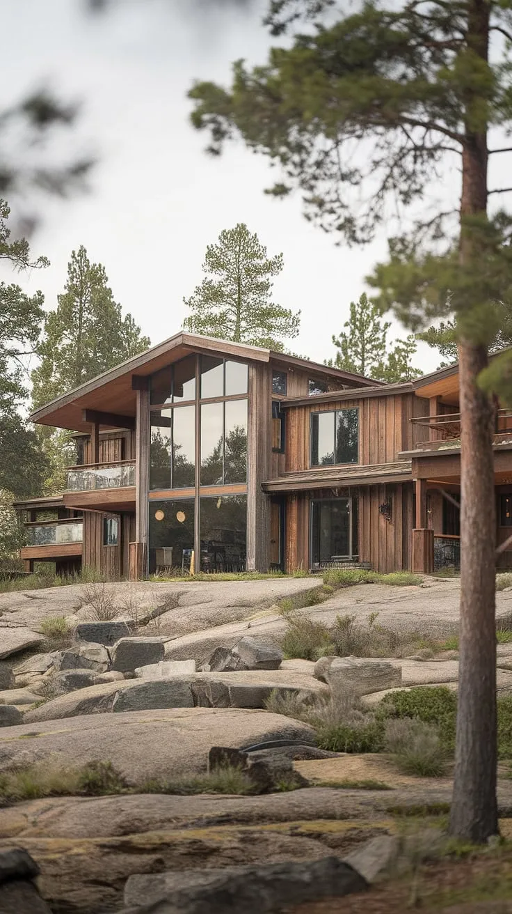 Architectural marvel nestled amongst the rocks; this mid-century modern farmhouse boasts expansive glass windows, showcasing the stunning natural landscape and offering breathtaking views. The wood exterior perfectly complements its rugged surroundings, creating a harmonious blend of nature and design. A testament to timeless elegance.