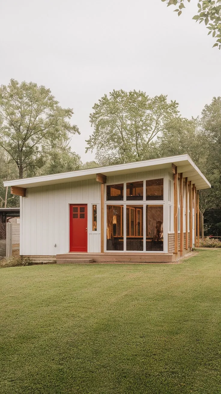 A picture-perfect example of mid-century modern design, this farmhouse effortlessly combines rustic charm with clean lines. The striking red door adds a pop of color against the pristine white, while the lush green lawn and mature trees create a tranquil setting. A true haven.