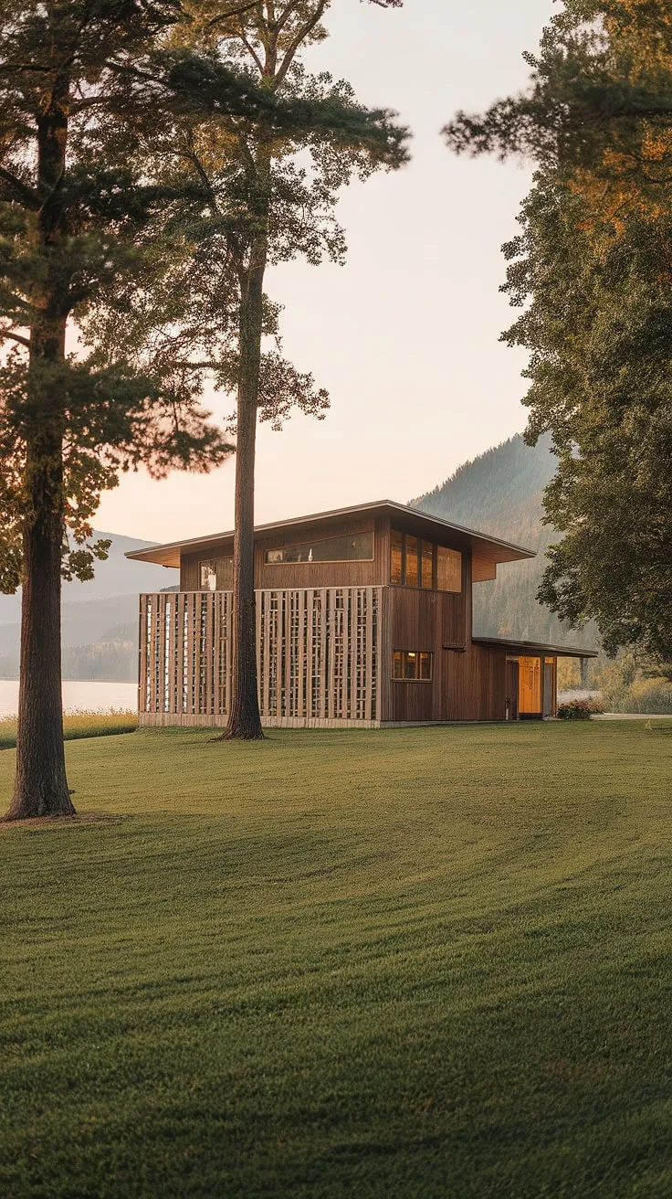 Architectural marvel meets tranquil landscape. This mid-century modern farmhouse, with its distinctive interlocking wood paneling, sits serenely amidst rolling hills and a shimmering lake, a testament to timeless design and breathtaking views. The home's unique aesthetic perfectly complements its idyllic setting, creating a sanctuary where modern comfort meets natural beauty.