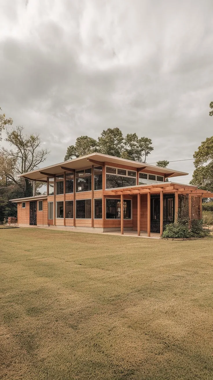A stunning example of mid-century modern design, this two-story farmhouse boasts a captivating blend of natural wood and clean architectural lines. The flat roof and large windows maximize natural light, creating a bright and airy interior. A perfect harmony of indoor and outdoor living, this home is a dream realized.