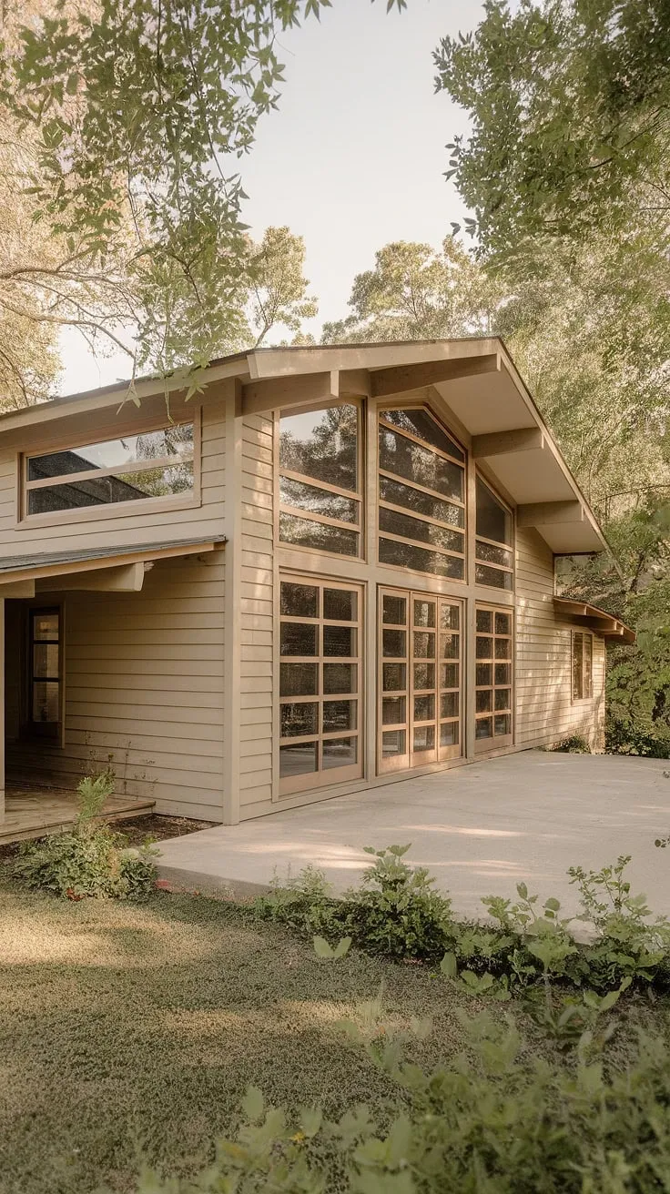 Nestled amongst vibrant greenery, this two-story farmhouse boasts a captivating mid-century modern aesthetic. The horizontal lines of the siding and windows, combined with the pitched roof, create a sense of understated elegance. A tranquil retreat, perfectly designed for modern living.