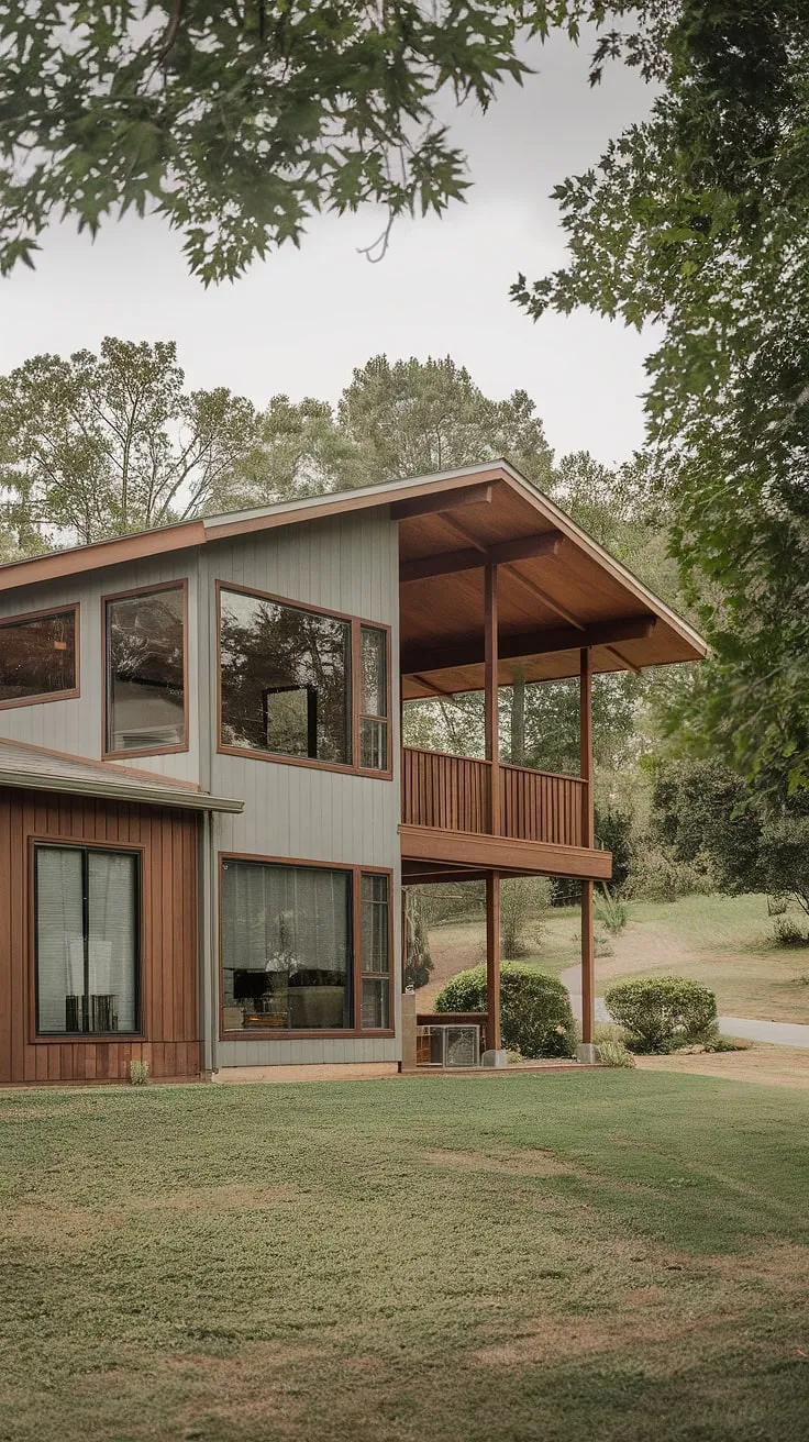 Nestled amongst towering trees and a winding path, this mid-century modern farmhouse stands as a testament to timeless design. The expansive windows bathe the interior in natural light, while the rich wood exterior blends seamlessly with the lush landscape. A true sanctuary.