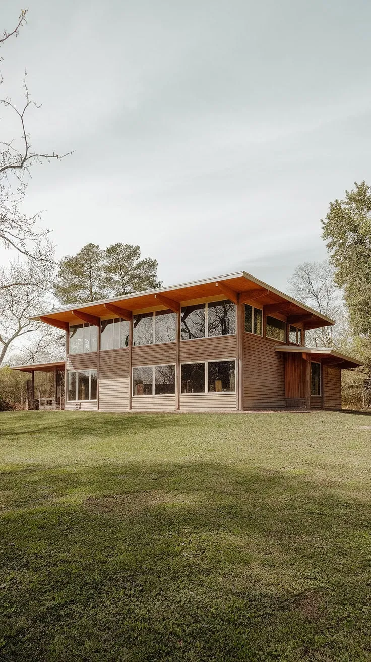 A stunning example of mid-century modern design, this two-story farmhouse boasts a captivating interplay of wood and glass. Its clean lines and flat roof create a sense of understated elegance, while the surrounding landscape provides a tranquil backdrop. A true sanctuary.